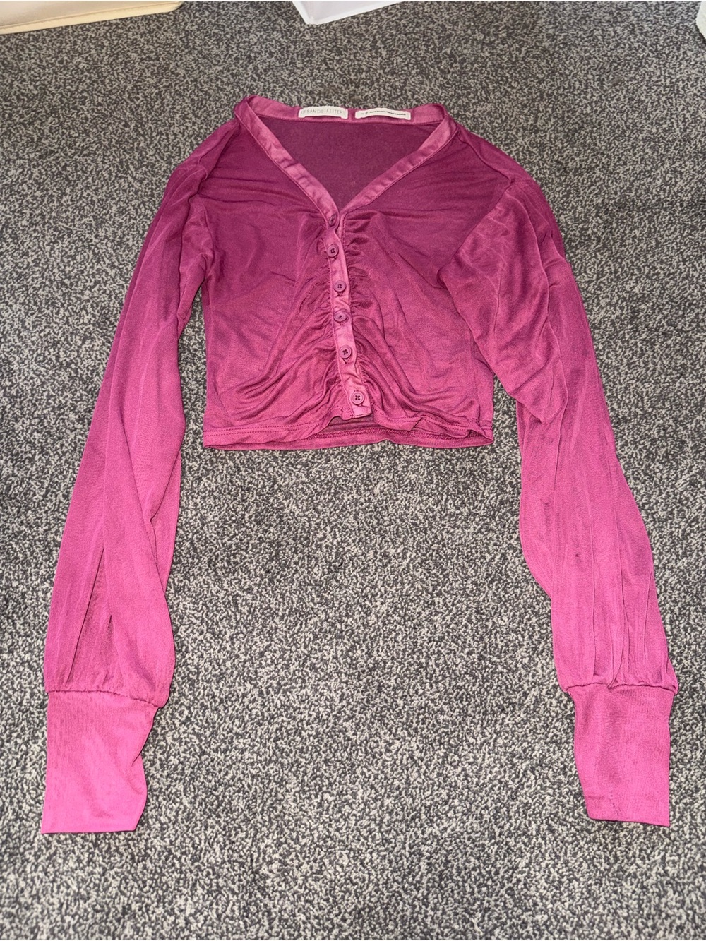 Urban Outfitters XS Sheer Mesh Ruched Button Front Crop Top Pink Long Sleeve